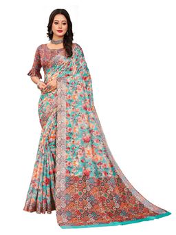 Garden VARELI - Turquoise Floral Printed Georgette Saree with Unstitched Blouse
