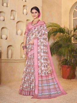 Garden VARELI - Pink Printed Linen Saree with Unstitched Blouse