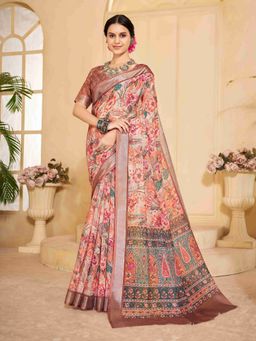 Garden VARELI - Peach Floral Printed Linen Saree with Unstitched Blouse