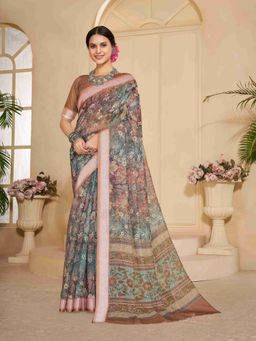 Garden VARELI - Brown Floral Printed Linen Saree with Unstitched Blouse