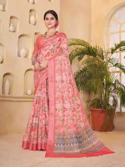 Garden VARELI - Pink Floral Linen Saree with Unstitched Blouse