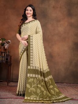 Garden VARELI - Olive Geometric Printed Crepe Saree with Unstitched Blouse
