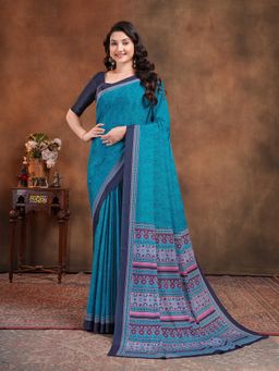 Garden VARELI - Teal Floral Printed Crepe Saree with Unstitched Blouse