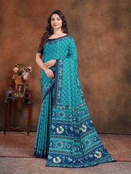 Garden VARELI - Blue Floral Printed Crepe Saree with Unstitched Blouse