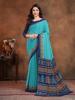 Garden VARELI - Turquoise Geometric Printed Crepe Saree with Unstitched Blouse