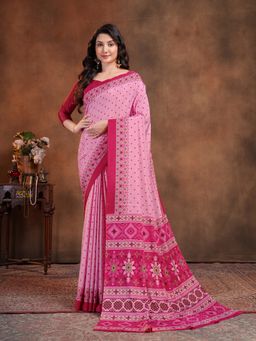 Garden VARELI - Pink Geometric Printed Crepe Saree with Unstitched Blouse