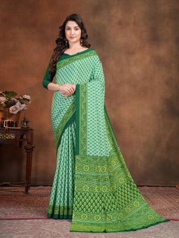 Garden VARELI - Green Indian Printed Crepe Saree with Unstitched Blouse