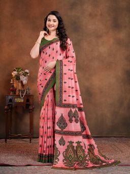 Garden VARELI - Pink Floral Printed Crepe Saree with Unstitched Blouse
