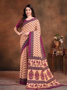 Garden VARELI - Peach Floral Printed Crepe Saree with Unstitched Blouse