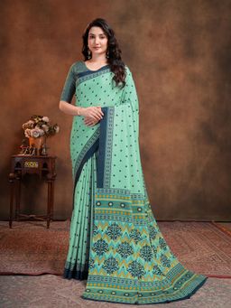 Garden VARELI - Green Geometric Printed Crepe Saree with Unstitched Blouse