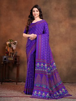 Garden VARELI - Violet Floral Printed Crepe Saree with Unstitched Blouse