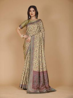 Garden VARELI - Yellow Pashmina Floral Saree with Unstitched Blouse