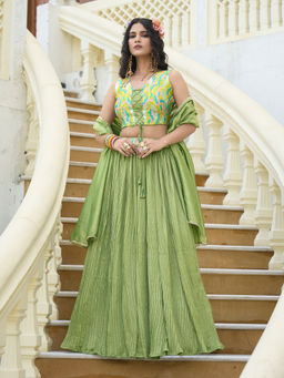 PURVAJA - Women Lime Embroidered Silk Stitched Lehenga and Unstitched Blouse with Dupatta