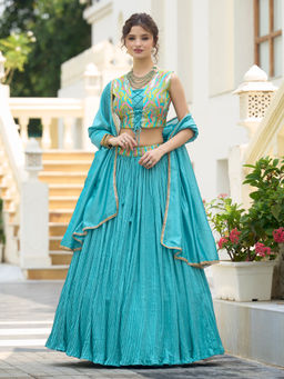 PURVAJA - Women Sky Embroidered Silk Stitched Lehenga and Unstitched Blouse with Dupatta