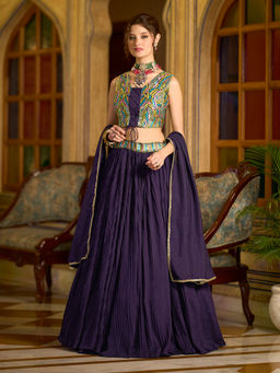 PURVAJA - Women Wine Embroidered Silk Stitched Lehenga and Unstitched Blouse with Dupatta