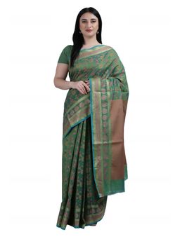 Garden VARELI - Green Floral Printed Art Silk Saree with Unstitched Blouse