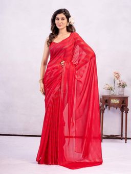 Garden VARELI - Red Solid Poly Chiffon Saree Without Blouse