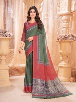 Garden VARELI - Olive Geometric Printed Chiffon Saree with Unstitched Blouse