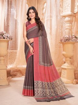 Garden VARELI - Brown Geometric Printed Chiffon Saree with Unstitched Blouse