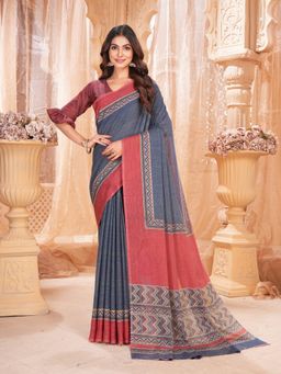 Garden VARELI - Blue Geometric Printed Chiffon Saree with Unstitched Blouse