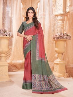 Garden VARELI - Red Geometric Printed Chiffon Saree with Unstitched Blouse