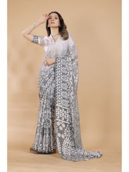 Garden VARELI - Grey Floral Printed Viscose Saree with Unstitched Blouse