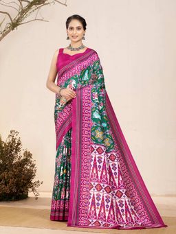 Garden VARELI - Green Ikat Printed Silk Saree with Unstitched Blouse