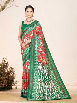 Garden VARELI - Red Indian Printed Silk Saree with Unstitched Blouse