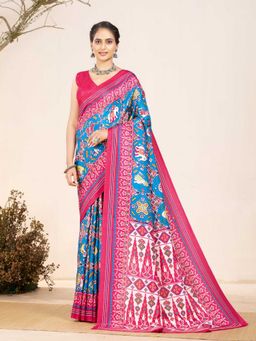 Garden VARELI - Blue Indian Printed Silk Saree with Unstitched Blouse