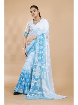 Garden VARELI - Blue Floral Printed Viscose Saree with Unstitched Blouse