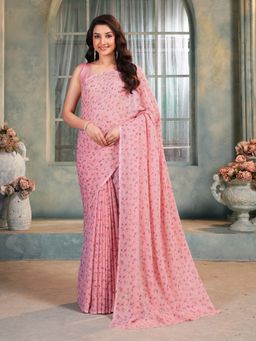 Garden VARELI - Pink Floral Printed Chiffon Saree Without Blouse