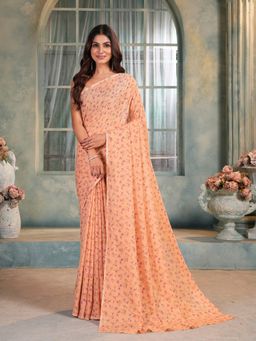 Garden VARELI - Peach Floral Printed Chiffon Saree Without Blouse