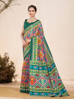 Garden VARELI - Green Geometric Printed Silk Saree with Unstitched Blouse