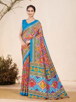 Garden VARELI - Teal Geometric Printed Silk Saree with Unstitched Blouse