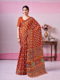 Garden VARELI - Brown Cotton Floral Saree with Unstitched Blouse
