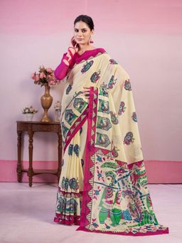 Garden VARELI - Pink Cotton Floral Saree with Unstitched Blouse