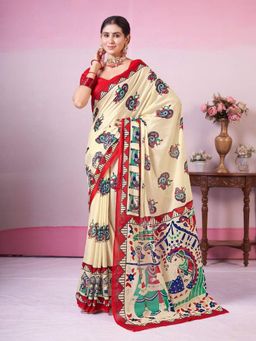 Garden VARELI - Beige Cotton Floral Saree with Unstitched Blouse