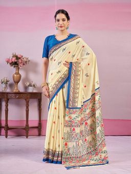 Garden VARELI - Cream Printed Poly Chiffon Saree with Unstitched Blouse