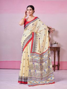 Garden VARELI - Cream Indian Printed Cotton Saree with Unstitched Blouse