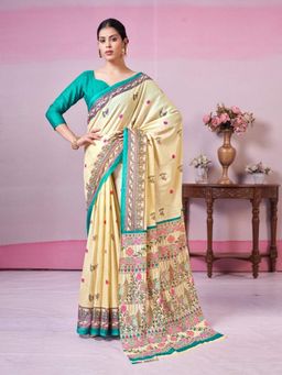 Garden VARELI - Cream Embroidered Poly Chiffon Saree with Unstitched Blouse
