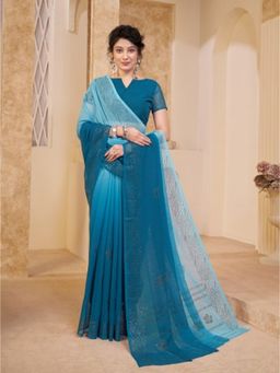 Garden VARELI - Blue Embellished Polyester Saree with Unstitched Blouse