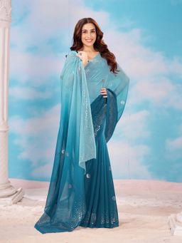 Garden VARELI - Blue Polyester Ombre-Dyed Printed Saree with Unstitched Blouse
