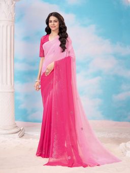 Garden VARELI - Pink Ombre-Dyed Printed Polyester Saree with Unstitched Blouse