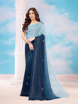 Garden VARELI - Blue Ombre-Dyed Printed Polyester Saree with Unstitched Blouse
