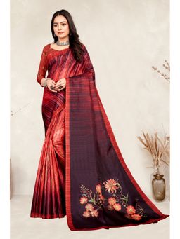 Garden VARELI - Red Floral Printed Tessar Saree with Unstitched Blouse