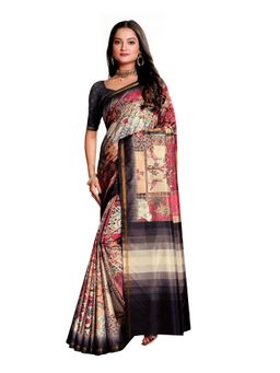Garden VARELI - Black Floral Block Print Printed Crepe Saree with Unstitched Blouse