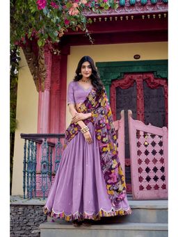 LooknBook Art - Lavender Vichitra Silk Kalamkari Print Lehenga with Unstitched Blouse And Dupatta