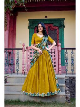 LooknBook Art - Mustard Vichitra Silk Kalamkari Print Lehenga with Unstitched Blouse And Dupatta