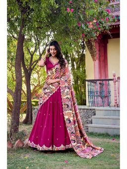 LooknBook Art - Pink Vichitra Silk Kalamkari Print Lehenga with Unstitched Blouse And Dupatta