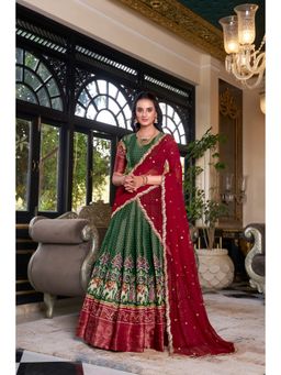 LooknBook Art - Green Kanchipuram Printed Zari Weaving Border Lehenga with Unstitched Blouse